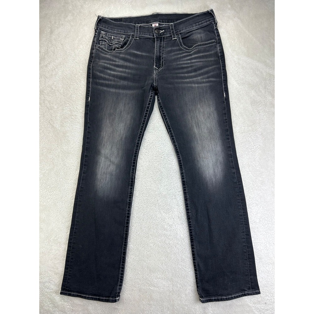 True Religion Straight Flap Jeans Mens 38 Dark Gray Wash Denim Stretch Mid Rise